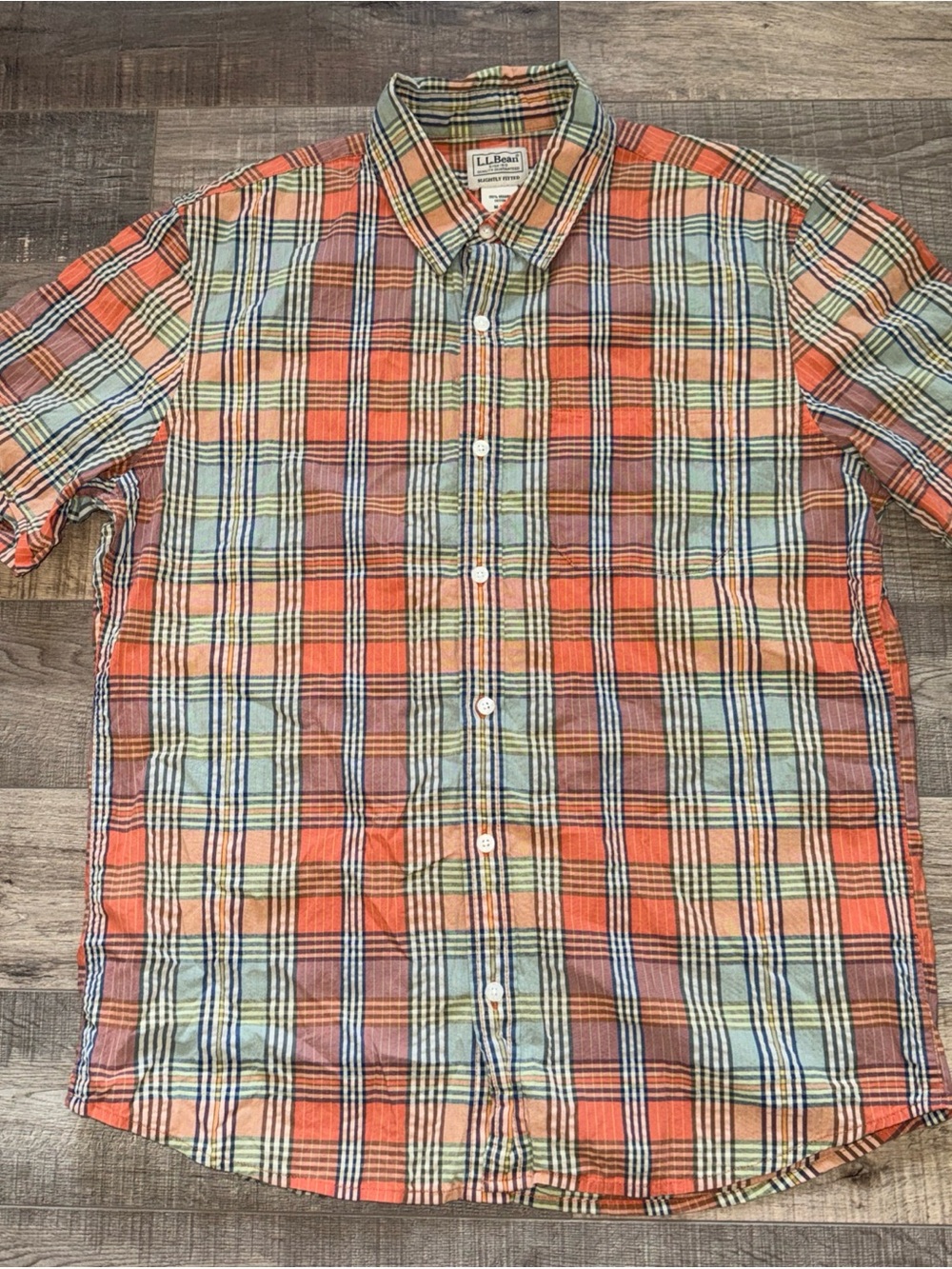 L.L. Bean slightly fitted medium-reg Orange Plaid Short-Sleeve Button-Up Shirt